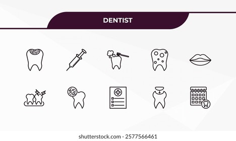 fully editable outline icon collection from dentist concept. thin line icons set such as holed tooth, empty syringe, toothache, dental filling, dental appointment,