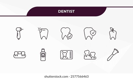 fully editable outline icon collection from dentist concept. thin line icons set such as dentists drill tool, cavity, partial denture, tooth extraction, scraping,