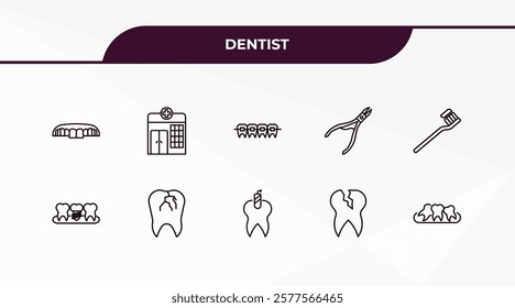 fully editable outline icon collection from dentist concept. thin line icons set such as dentures, clinic, dental prosthesis, damaged tooth, malocclusion,