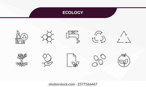 fully editable outline icon collection from ecology concept. thin line icons set such as recycling factory, eco cell, tree and roots, seeds, eco,