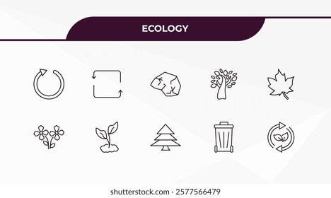 fully editable outline icon collection from ecology concept. thin line icons set such as recycling, recycle arrows, two flowers, dust bin, bio energy,