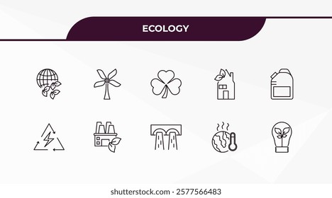 fully editable outline icon collection from ecology concept. thin line icons set such as ecologism, wind mill, green energy source, warming, eco light,