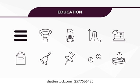 fully editable outline icon collection from education concept. thin line icons set such as bars, big trophy, archives, numbers, book and,