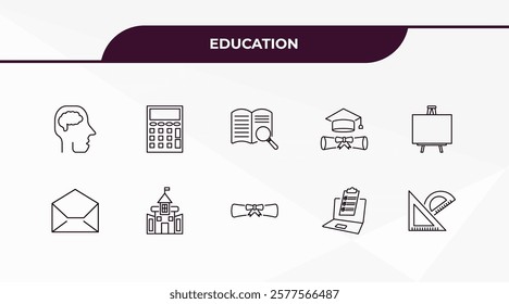 fully editable outline icon collection from education concept. thin line icons set such as human brain, small calculator, open email, online test, measuring tools,