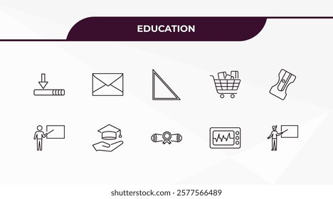 fully editable outline icon collection from education concept. thin line icons set such as window scrolling medium, closed envelope, teach, cardiology tool, teacher with stick,