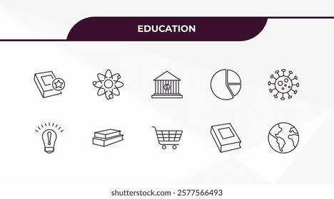 fully editable outline icon collection from education concept. thin line icons set such as favorite book, atomic orbitals, having an idea, hard cover book, world map,