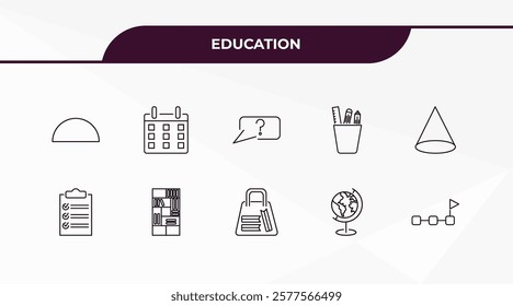 fully editable outline icon collection from education concept. thin line icons set such as semicircles, monthly calendar, check list, school globe, steps to complete,