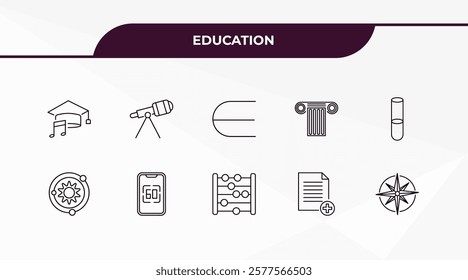 fully editable outline icon collection from education concept. thin line icons set such as graduation's music, telescope, solar system, new document, draw with compass,