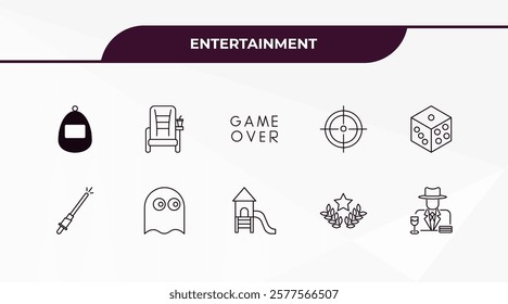 fully editable outline icon collection from entertainment concept. thin line icons set such as tamagotchi, cinema seat, lightsaber, glory, gambler,