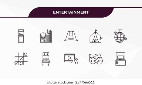 fully editable outline icon collection from entertainment concept. thin line icons set such as arcade game, mall, tic tac toe, theater, arcade hine,