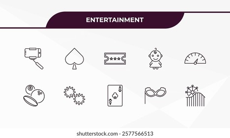 fully editable outline icon collection from entertainment concept. thin line icons set such as selfie stick, spades, sports ball, masquerade, amusement park,