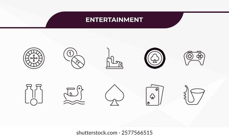 fully editable outline icon collection from entertainment concept. thin line icons set such as roulette, billiards, bottles ball, card game, soprano,