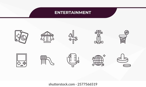 fully editable outline icon collection from entertainment concept. thin line icons set such as magic cards, carousel, video game, nightclub, air hockey,