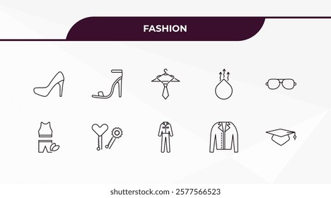 fully editable outline icon collection from fashion concept. thin line icons set such as heel, high heel sandals, wellness coach, jacket with buttons, college graduation cap,