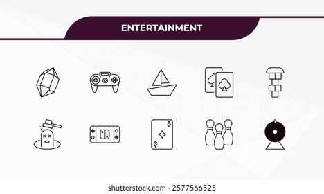 fully editable outline icon collection from entertainment concept. thin line icons set such as crystal, controller, whack a mole, bowling pins, lottery game,