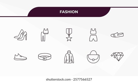 fully editable outline icon collection from fashion concept. thin line icons set such as high heel shoes, sportswear, gym shoes, shoulder bag, jewel,