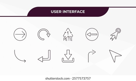 fully editable outline icon collection from user interface concept. thin line icons set such as arrow pointing right, refresh arrows, curved arrows, curve right arrow, navigation arrows,