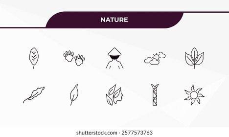 fully editable outline icon collection from nature concept. thin line icons set such as orange leaf, four toe footprint, dry leaf, escuamiforme, sol,