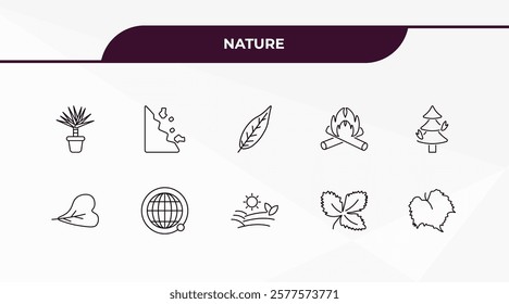 fully editable outline icon collection from nature concept. thin line icons set such as yucca, mountain pse, obcordate, straberry leaf, grape leaf,