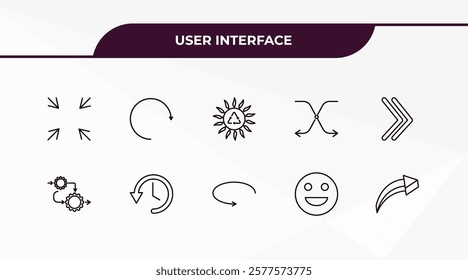 fully editable outline icon collection from user interface concept. thin line icons set such as reduce, rotated right arrow, evolution, emot, 3d turn right arrow,