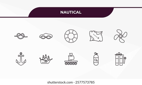 fully editable outline icon collection from nautical concept. thin line icons set such as knot, one suroard, classic ship, old galleon, aqualung,
