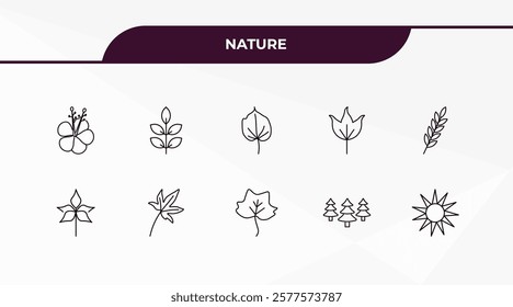 fully editable outline icon collection from nature concept. thin line icons set such as hibiscus, american mountain ash, sprig with five leaves, woods, shining sun with rays,