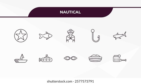 fully editable outline icon collection from nautical concept. thin line icons set such as big bell, double bait, wood raft, sailor cap, sea package,