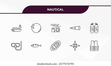 fully editable outline icon collection from nautical concept. thin line icons set such as snorkling glasses, seagull, submarine window, starfish, helm,