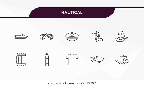 fully editable outline icon collection from nautical concept. thin line icons set such as skull and bones, swin goggle, big barrel, shark, yacht facing right,