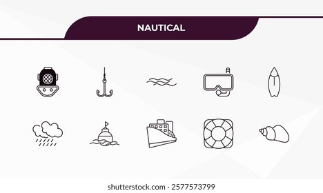 fully editable outline icon collection from nautical concept. thin line icons set such as diving helmet, sun shining, double paddle, life preserver, rainy cloud,