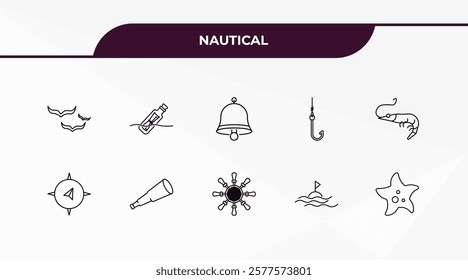 fully editable outline icon collection from nautical concept. thin line icons set such as fish, lighthouse, wind rose, sea, pipe,