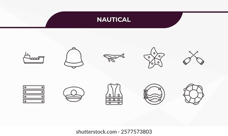 fully editable outline icon collection from nautical concept. thin line icons set such as speed boat, boat bell, big crate, paddles, prawn facing left,