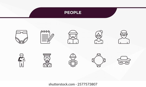 fully editable outline icon collection from people concept. thin line icons set such as baby diaper, pencil and notebook, qiyam, round table, zorro,