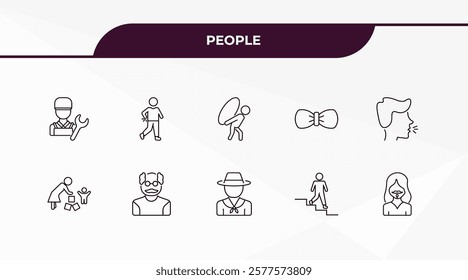 fully editable outline icon collection from people concept. thin line icons set such as technician, spindle, babysitter and child, walking downstairs, bearded woman,