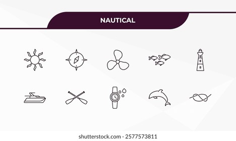 fully editable outline icon collection from nautical concept. thin line icons set such as big starfish, double air tank, fishes, submarine, compass,