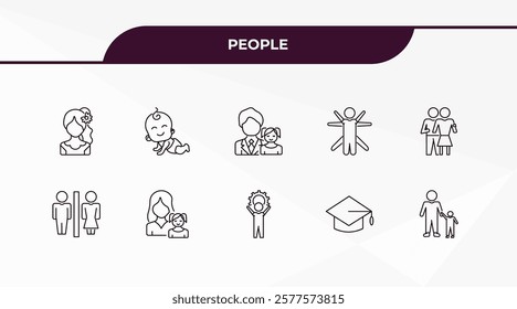 fully editable outline icon collection from people concept. thin line icons set such as venezuelan, baby with diaper, restroom, students graduation hat, father and children,