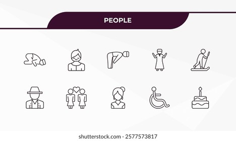 fully editable outline icon collection from people concept. thin line icons set such as sujud, small boy, norwegian, handicapped, birth,