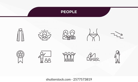 fully editable outline icon collection from people concept. thin line icons set such as cape, grace, bast, sitting man fishing, man talking with phone,