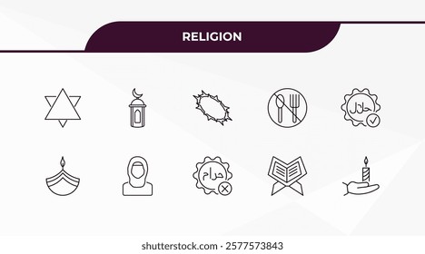 fully editable outline icon collection from religion concept. thin line icons set such as blasphemy, adhan call, diwali, quran rehal, vigil,