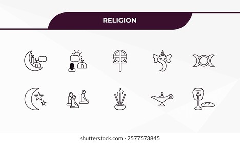 fully editable outline icon collection from religion concept. thin line icons set such as islamic ramadan, fajr dawn prayer, star and crescent moon, arabian magic lamp, communion,