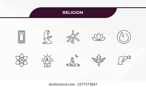 fully editable outline icon collection from religion concept. thin line icons set such as islamic praying carpet, muslim woman praying, atheism, heresy, ruku posture,