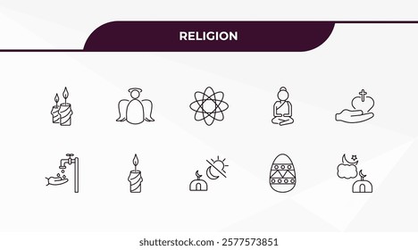 fully editable outline icon collection from religion concept. thin line icons set such as candles, angel, islamic wudu, easter eggs, isha,