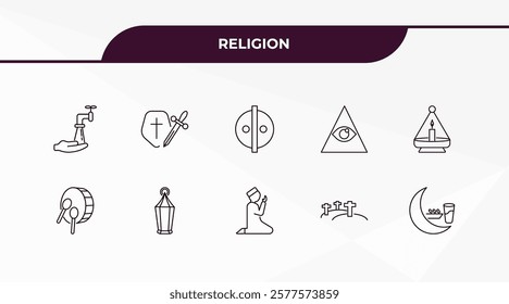 fully editable outline icon collection from religion concept. thin line icons set such as wudu, crusade, eyd drum, calvary, fasting,