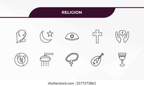 fully editable outline icon collection from religion concept. thin line icons set such as hijab veil, ramadan crescent moon, forbidden foods, oud, goblet,