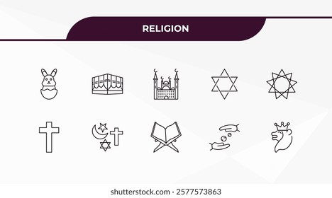 fully editable outline icon collection from religion concept. thin line icons set such as easter bunny, kaaba, christianity, sadaqah, lion of judah,