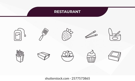 fully editable outline icon collection from restaurant concept. thin line icons set such as infusion bag, spatula utensil, french fries box, cupcake with cream, cake box,