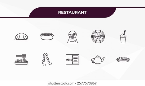 fully editable outline icon collection from restaurant concept. thin line icons set such as bakery croissant, hot dog with ketchup, spaghetti bolognese, vintage teapot, plate of spaghetti,