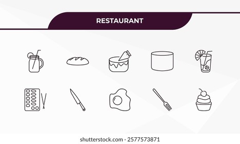 fully editable outline icon collection from restaurant concept. thin line icons set such as drink jar, load of bread, sushi mix, salad fork, cupcake with cherry,