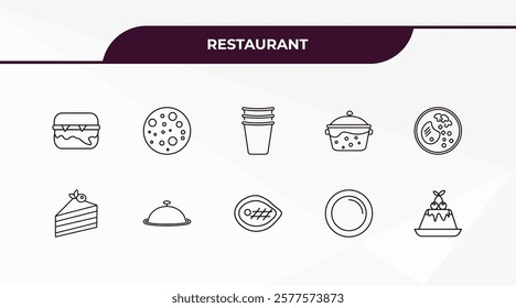 fully editable outline icon collection from restaurant concept. thin line icons set such as complete hamburger, pita bread, cake piece with cream, round plate, creme caramel,