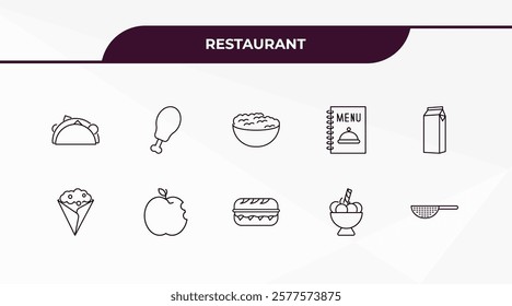 fully editable outline icon collection from restaurant concept. thin line icons set such as mexican food, fried chicken thighs, crepe and cream, ice cream balls cup, strainer with handle,